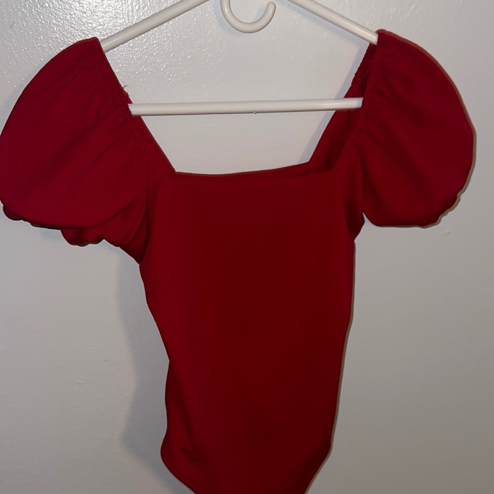 Red bodysuit with small puff sleeve
